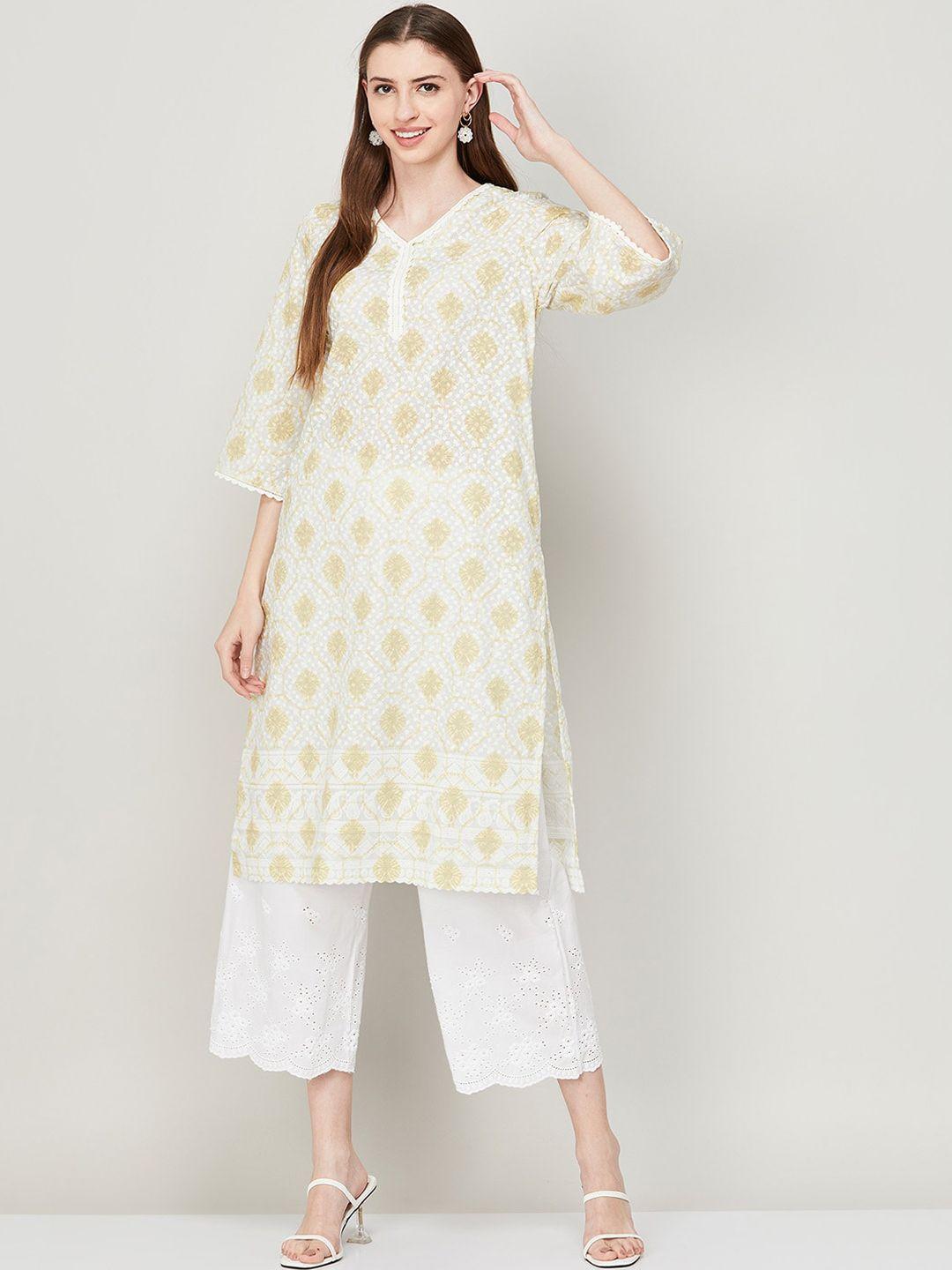 melange by lifestyle women ethnic motifs printed flared sleeves cotton kurta