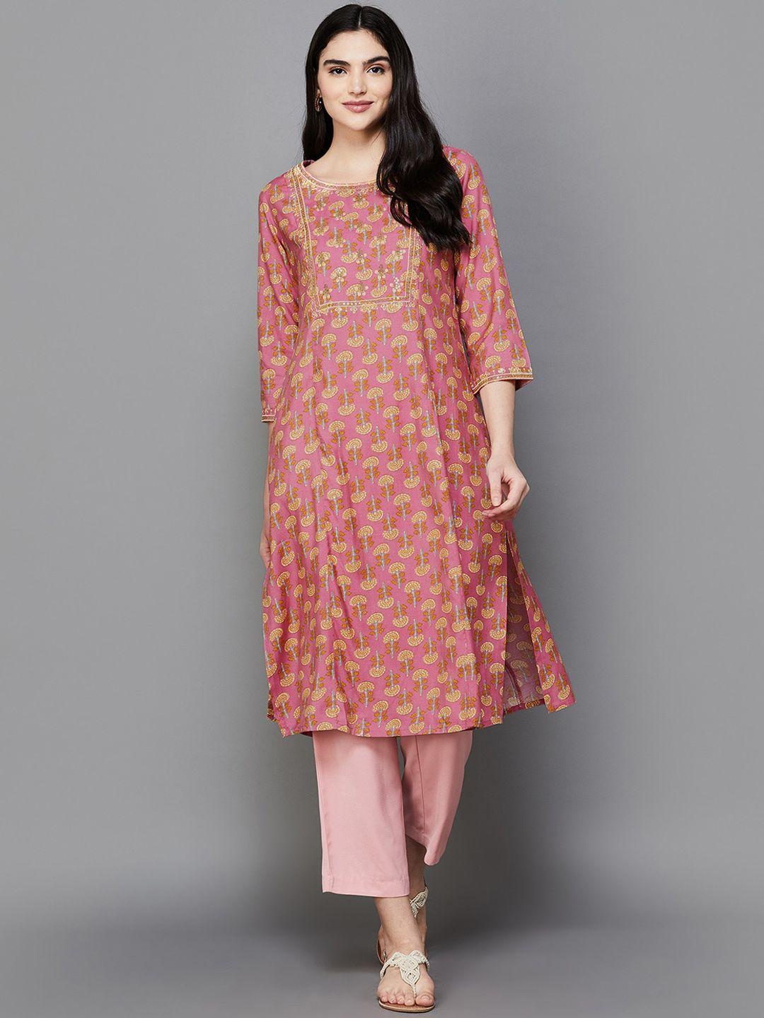 melange by lifestyle women floral checked flared sleeves mirror work anarkali kurta