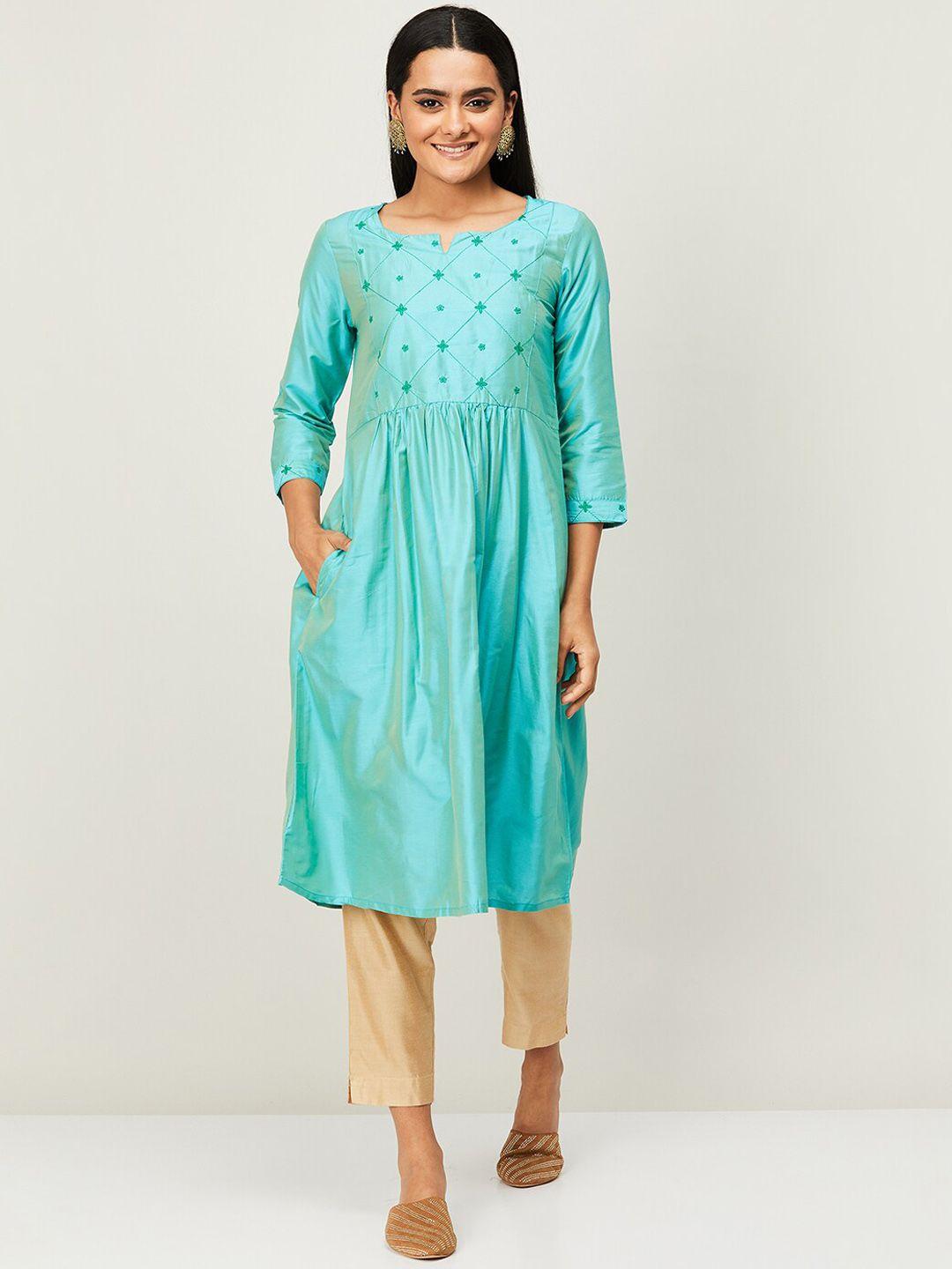 melange by lifestyle women green embroidered kurta