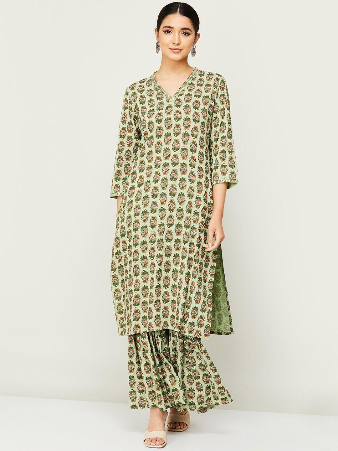 melange by lifestyle women green ethnic motifs printed kurta with palazzo