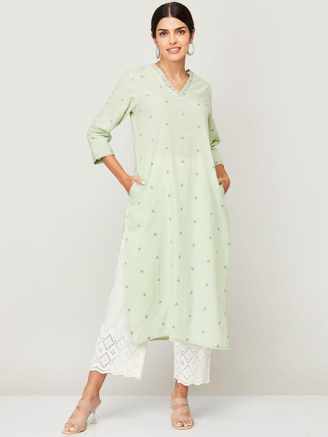 melange by lifestyle women green geometric embroidered flared sleeves thread work kurta