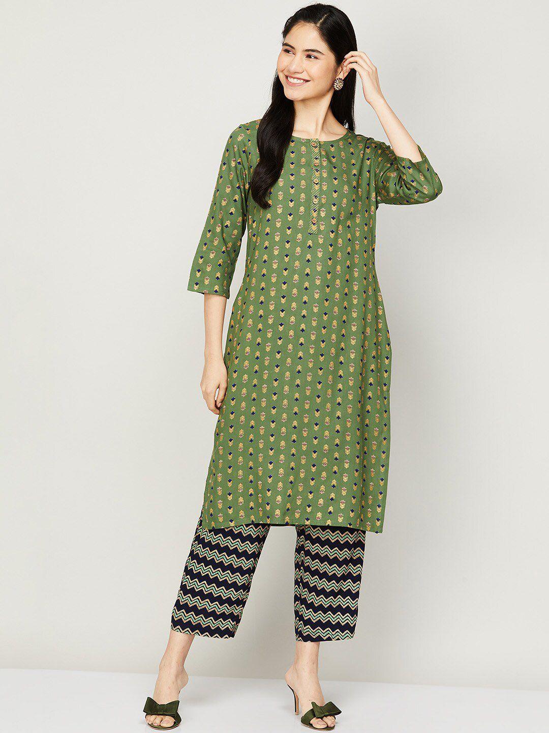 melange by lifestyle women green printed kurta with palazzos