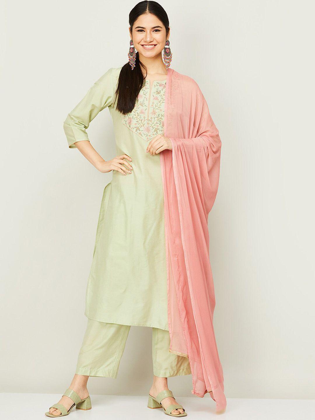 melange by lifestyle women green yoke design kurta with trouser & with dupatta set