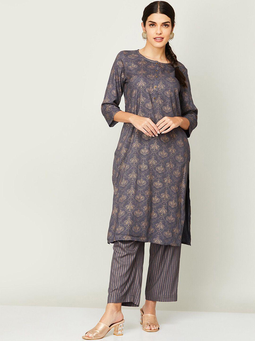 melange by lifestyle women grey ethnic motifs printed kurta with palazzos