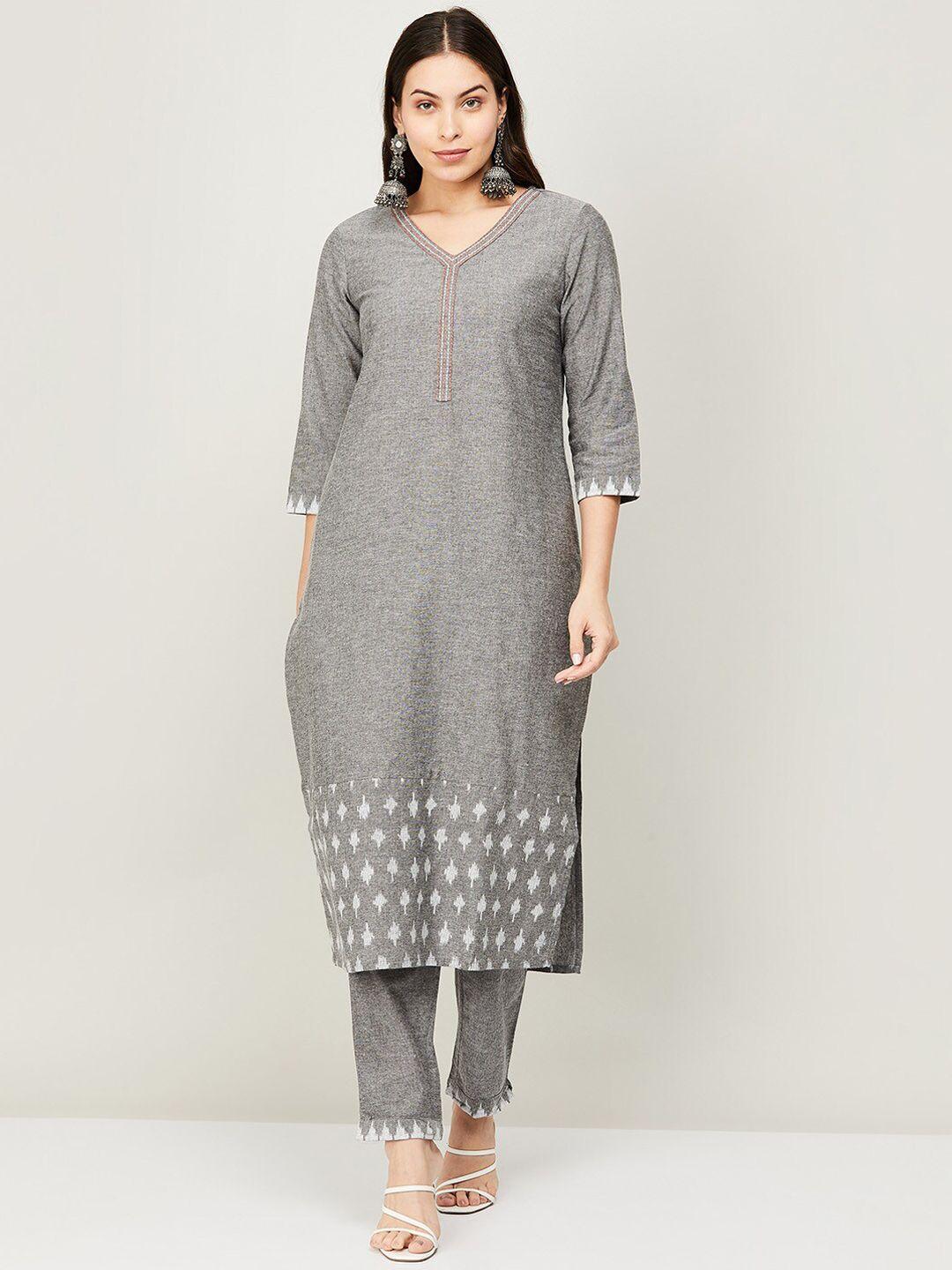 melange by lifestyle women grey printed pure cotton kurta with trouser set