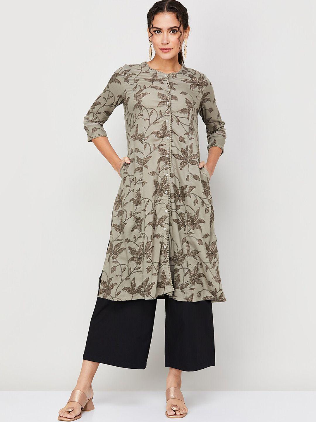 melange by lifestyle women grey printed thread work kurta