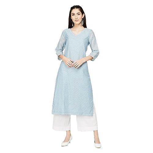 melange by lifestyle women light blue cotton regular fit printed kurta_xs