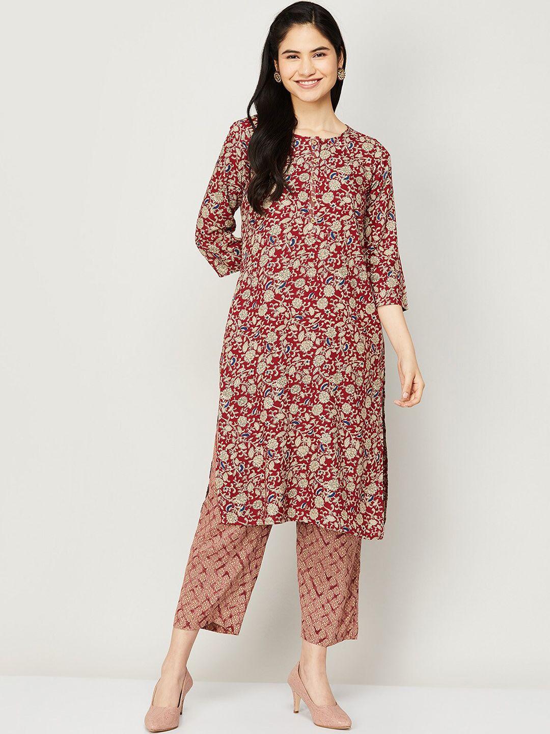 melange by lifestyle women maroon floral printed kurta with palazzos