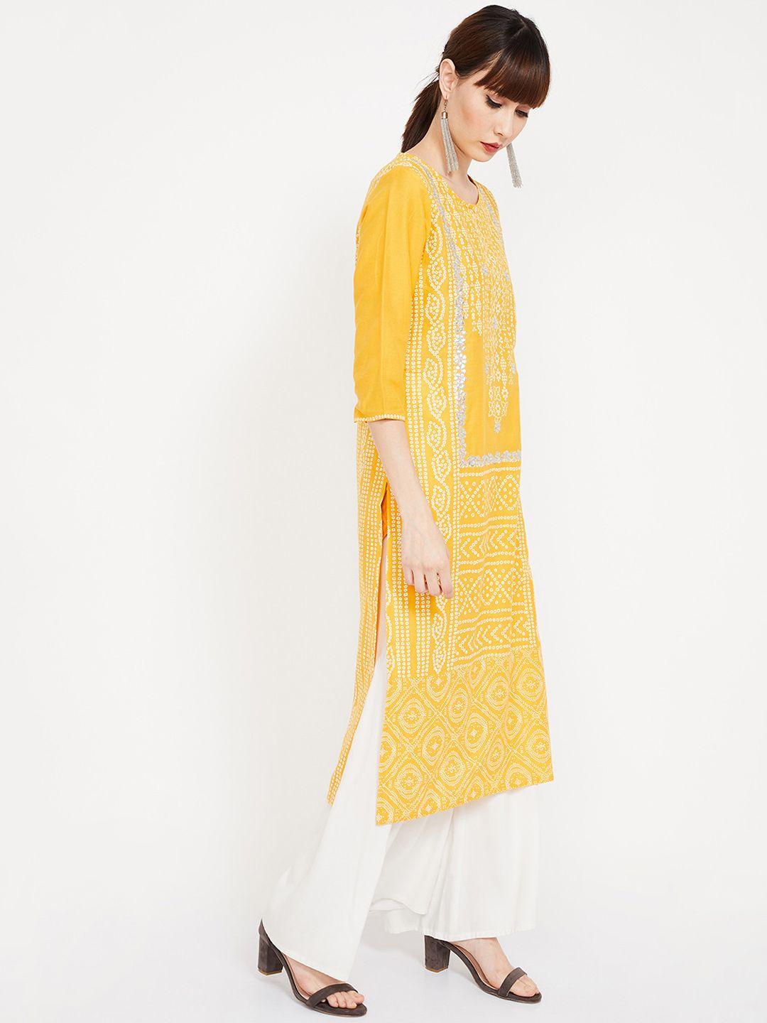 melange by lifestyle women mustard yellow & white printed straight kurta