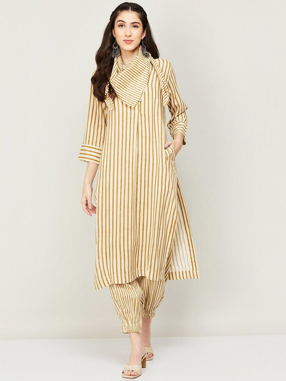 melange by lifestyle women mustard yellow striped kurta with harem pants & with dupatta