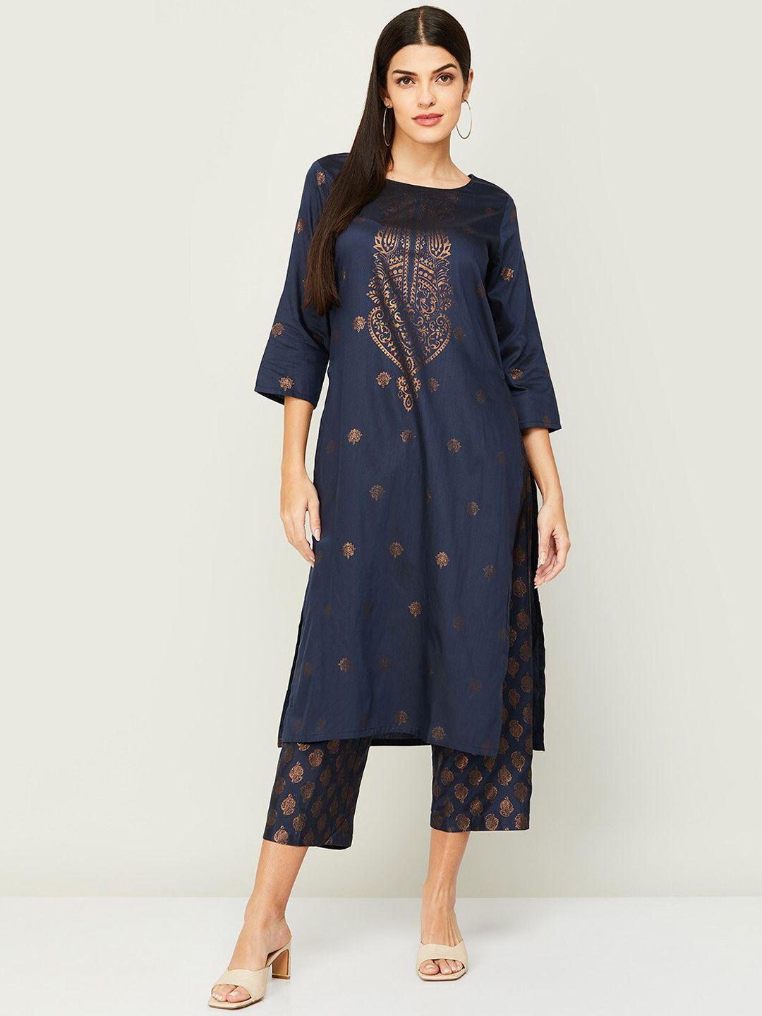 melange by lifestyle women navy blue ethnic motifs printed kurta with palazzos