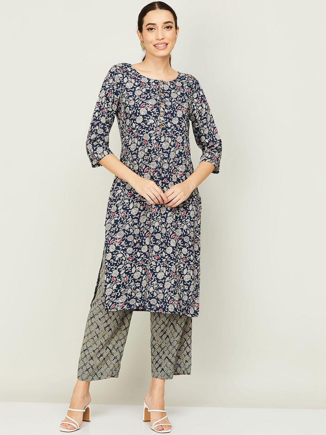 melange by lifestyle women navy blue floral printed kurta with palazzos