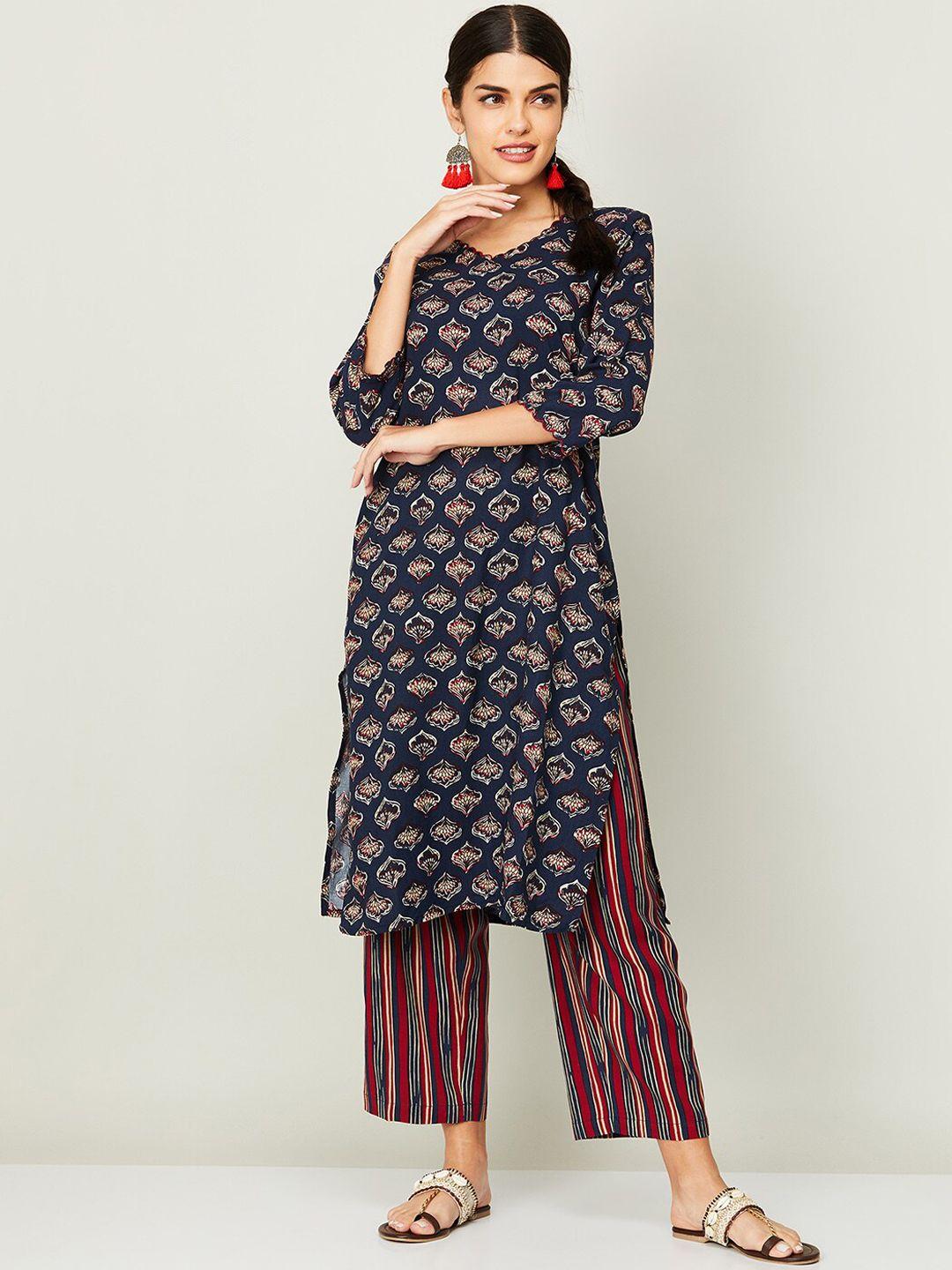 melange by lifestyle women navy blue floral printed kurta with trouser set