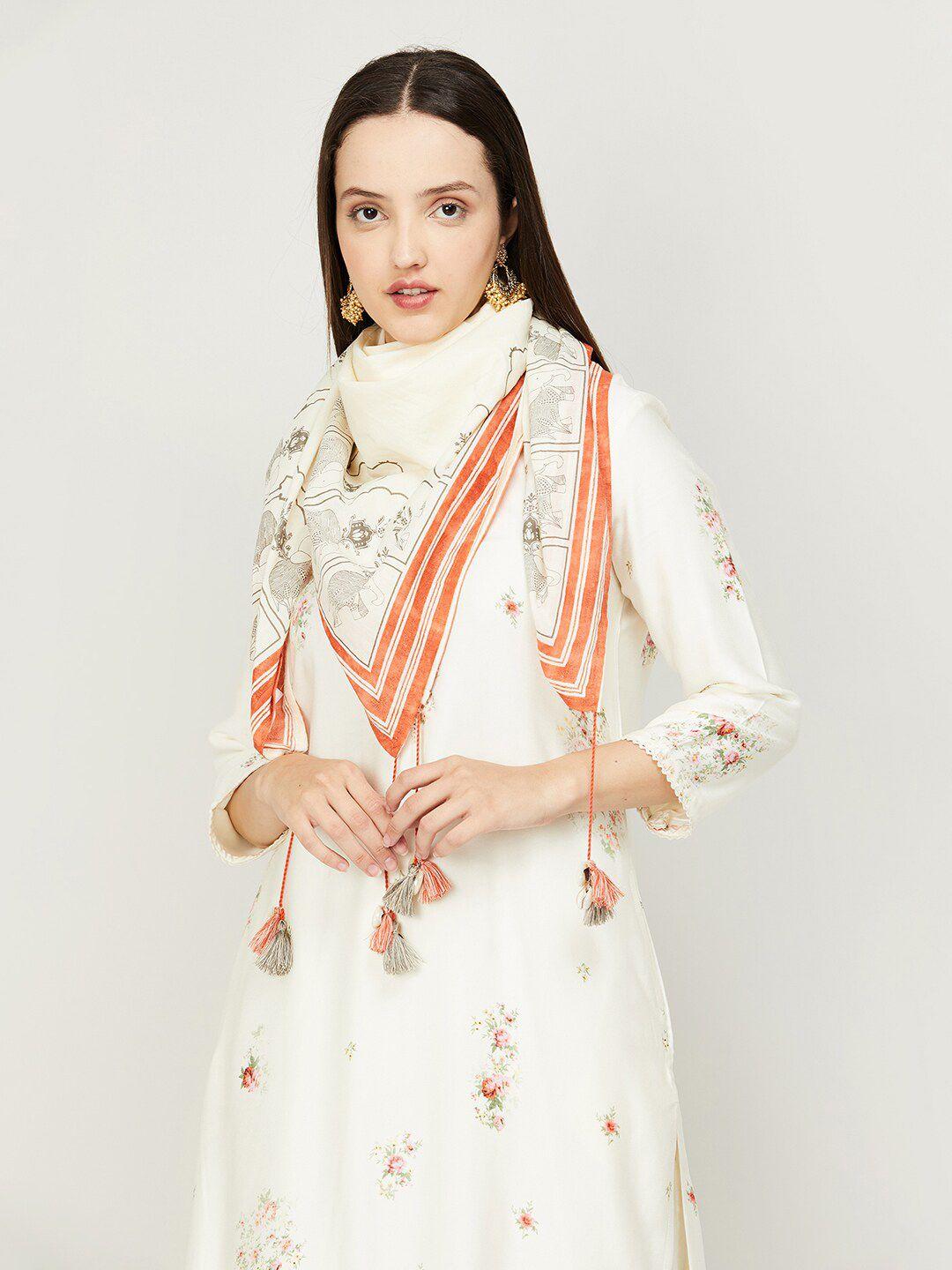 melange by lifestyle women off white & orange printed polyester stole