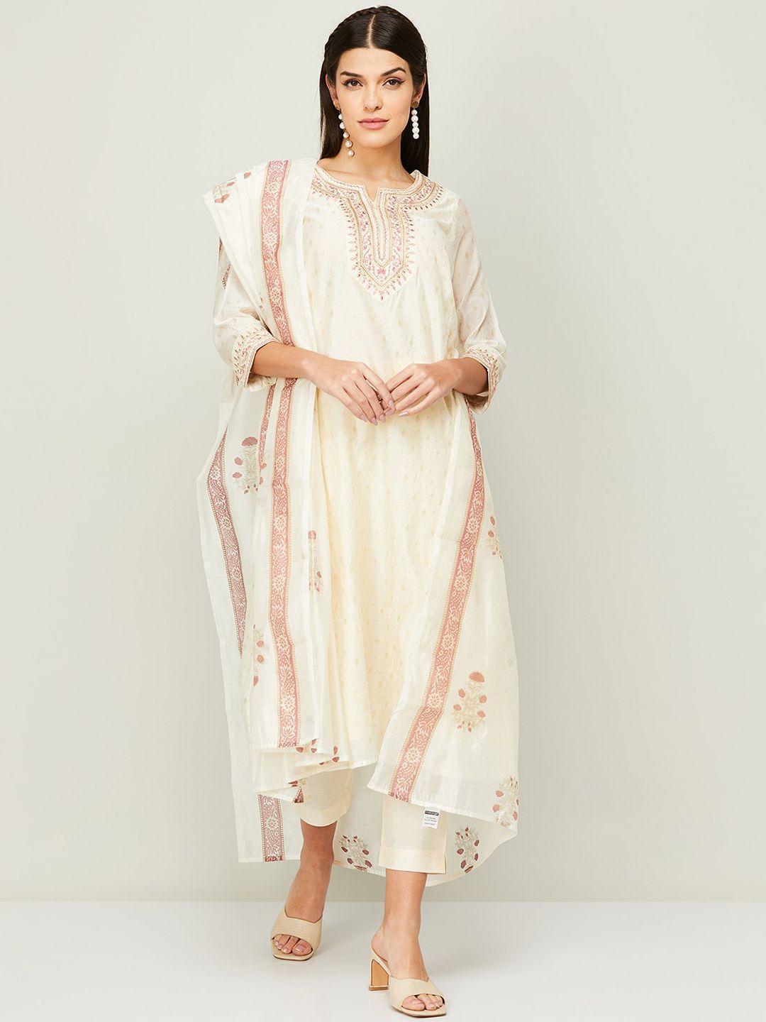 melange by lifestyle women off white ethnic motifs embroidered thread work kurta set