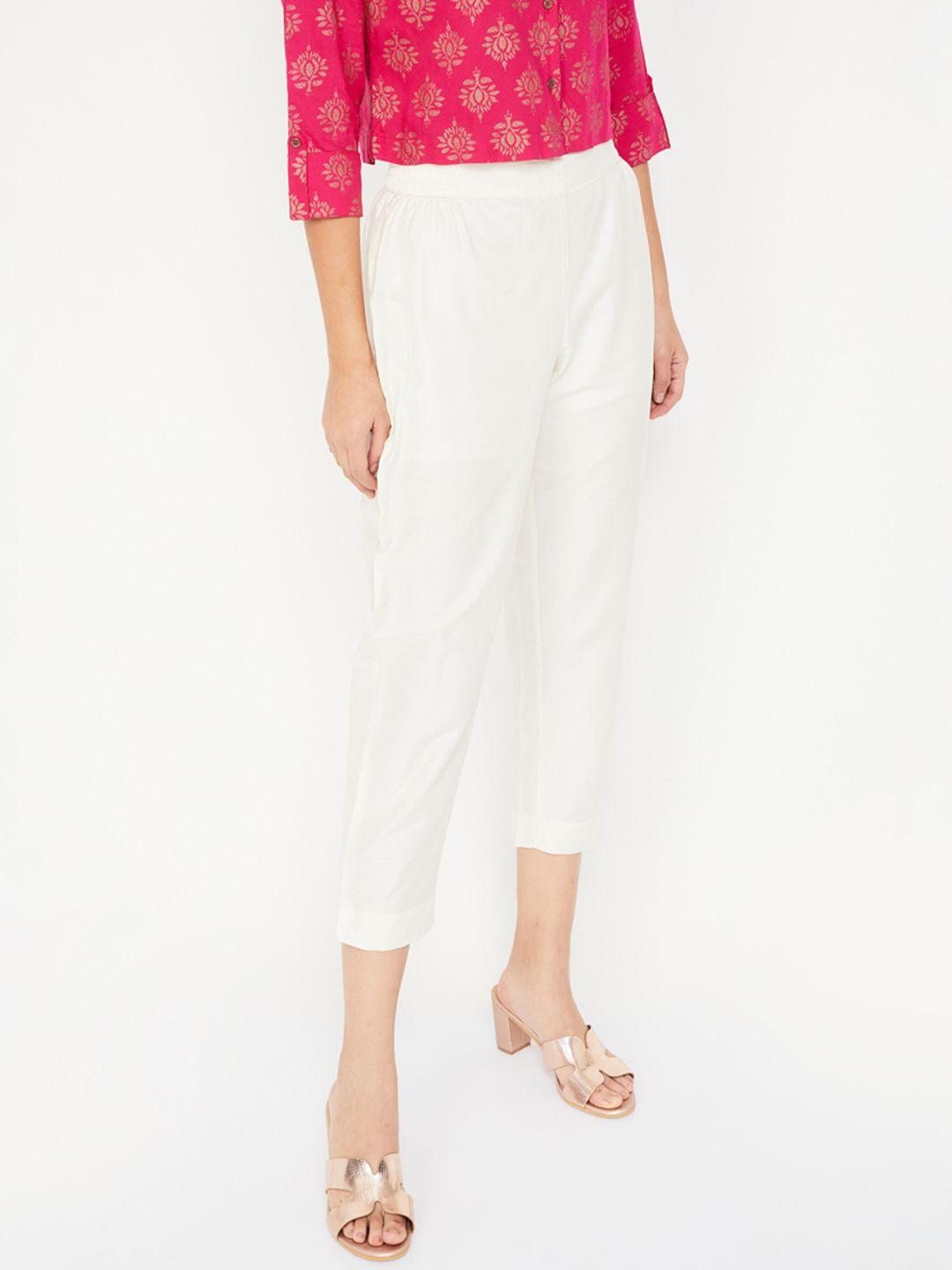 melange by lifestyle women off-white regular fit solid regular trousers