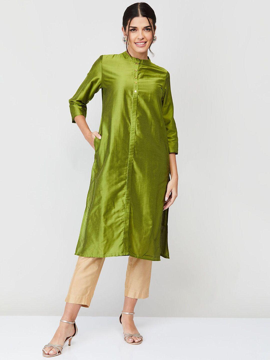 melange by lifestyle women olive green striped cold-shoulder sleeves thread work kurta