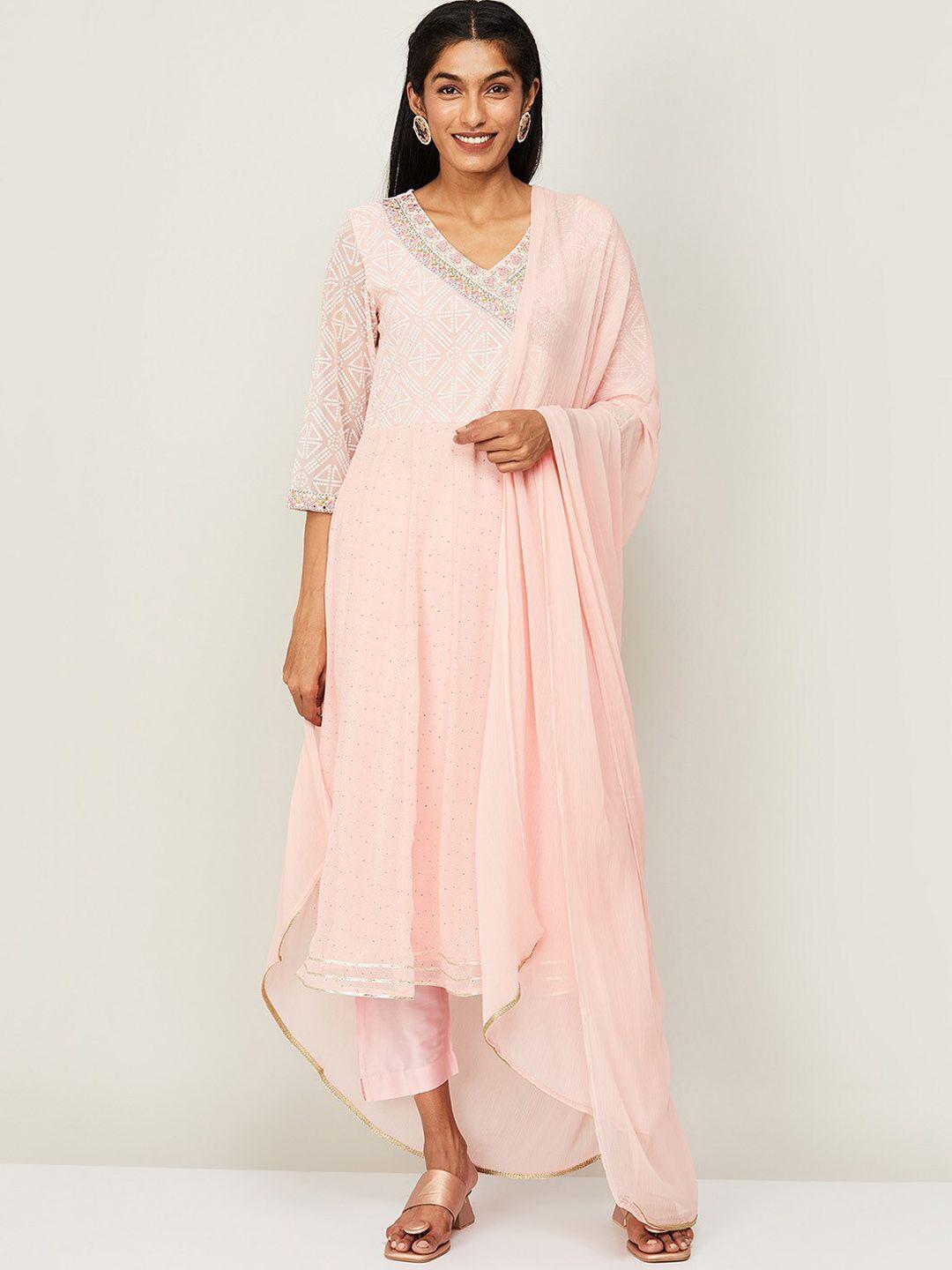 melange by lifestyle women pink printed angrakha kurta with trouser & with dupatta