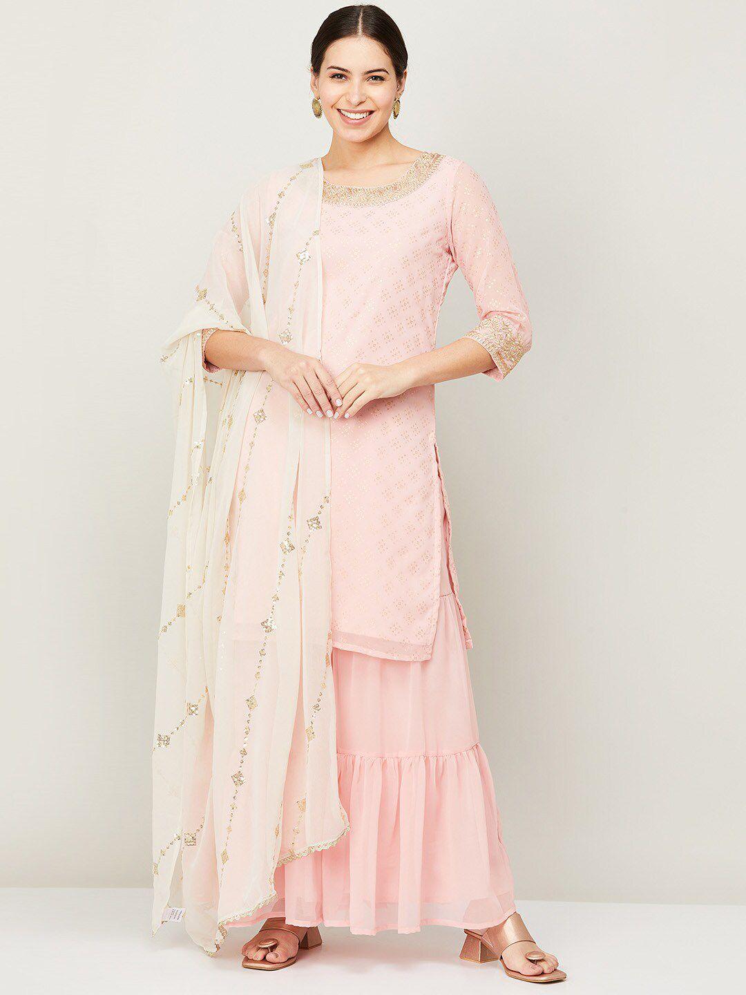 melange by lifestyle women pink printed sequinned kurta with sharara & with dupatta