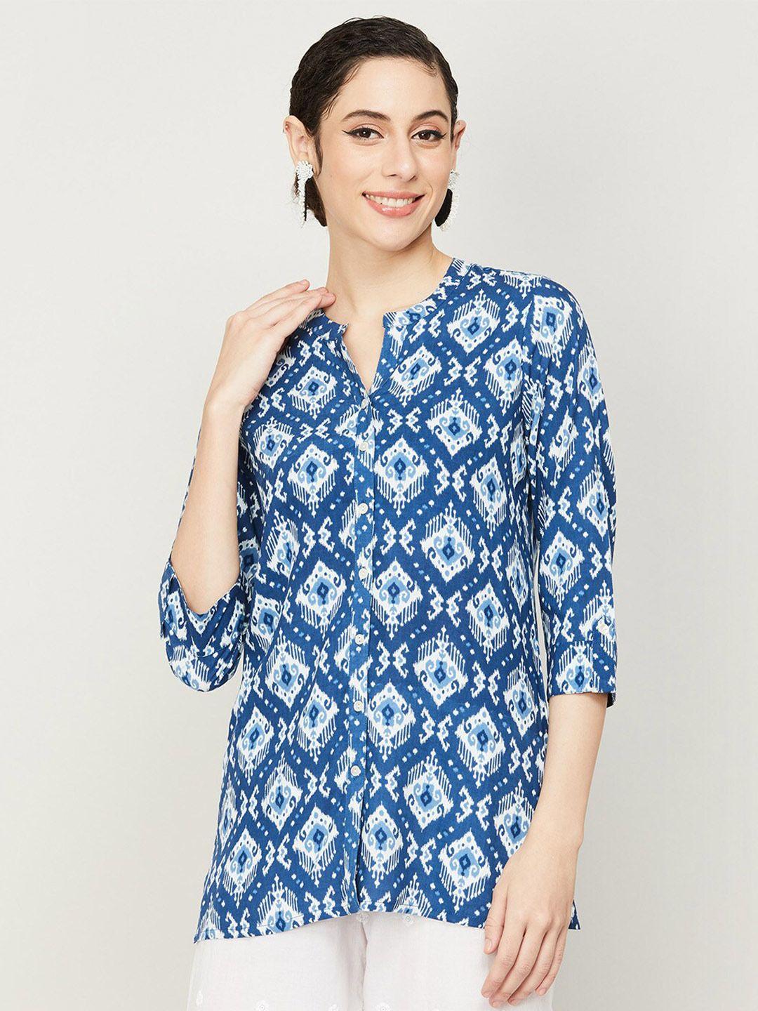 melange by lifestyle women print mandarin collar shirt style top