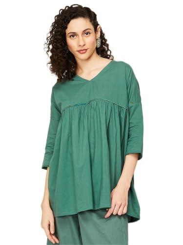 melange by lifestyle women teal cotton regular fit solid tunic_l