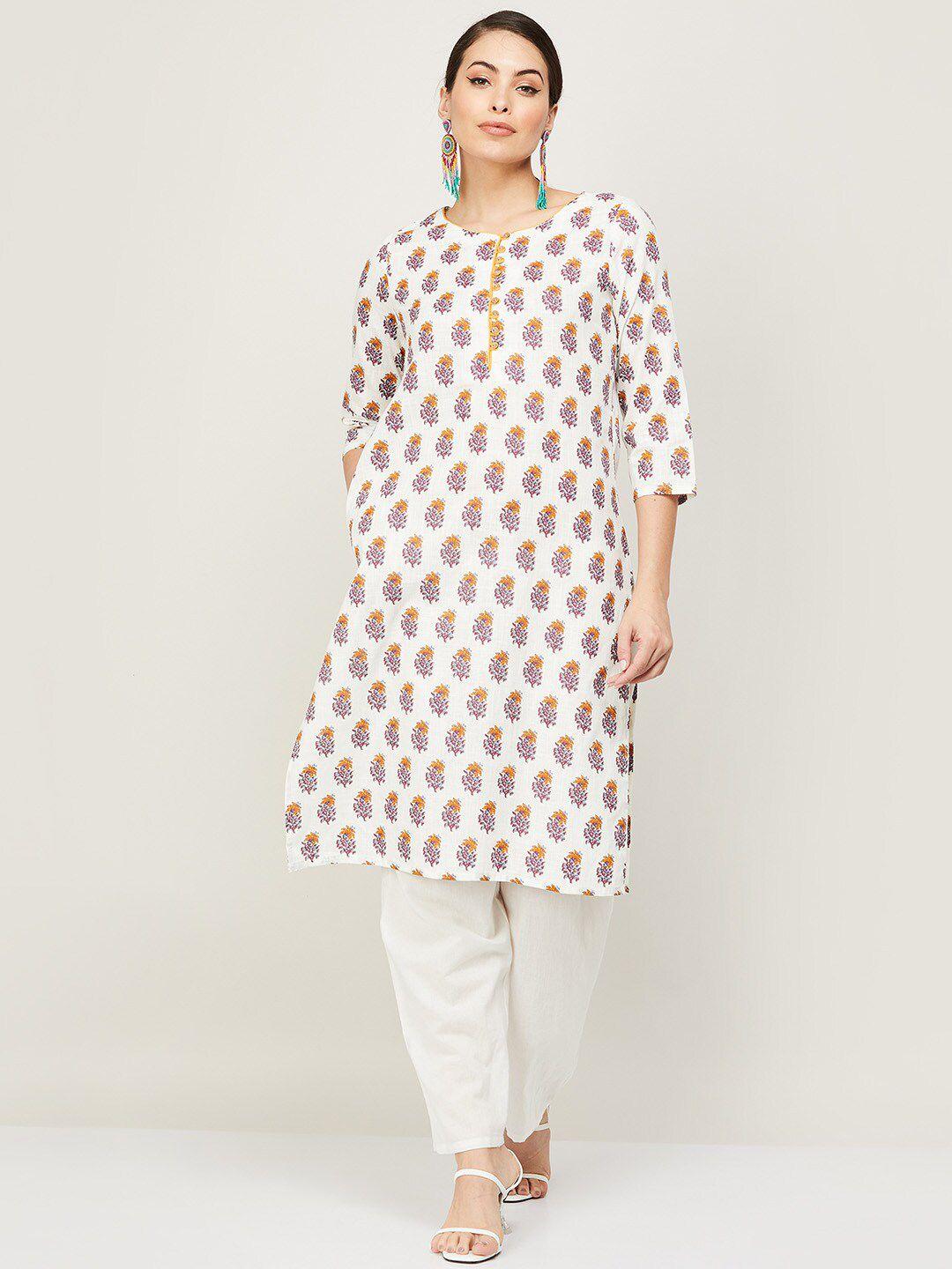 melange by lifestyle women white & yellow floral printed kurta