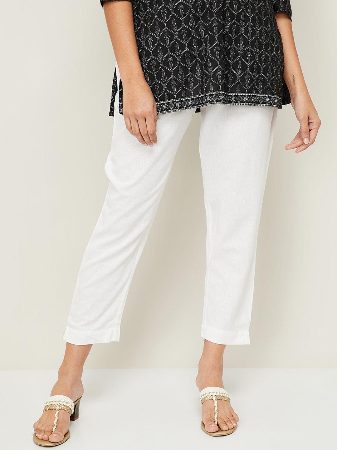 melange by lifestyle women white solid cropped trousers