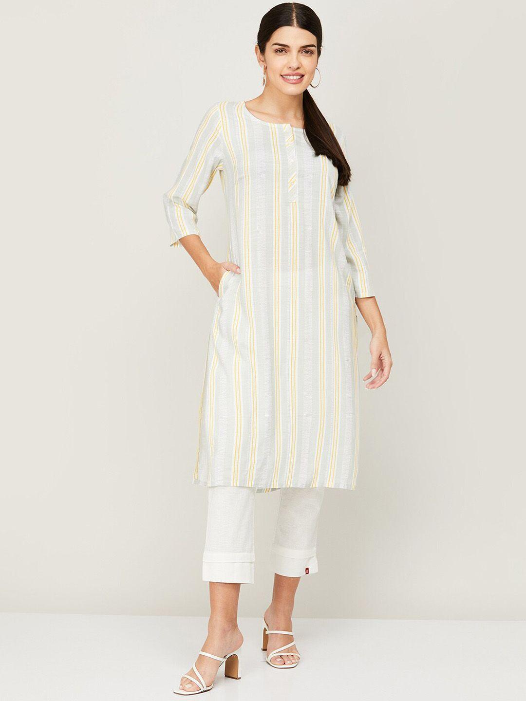 melange by lifestyle women white striped cold-shoulder sleeves gotta patti kurta