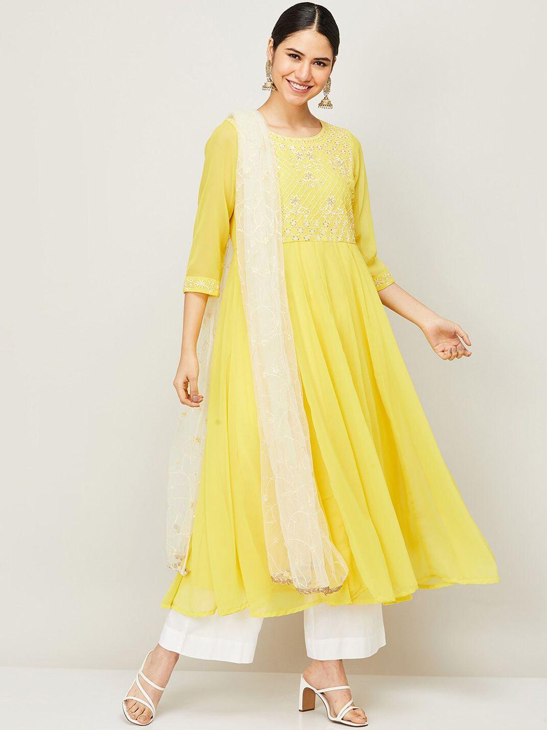 melange by lifestyle women yellow floral anarkali yoke design thread work kurta set