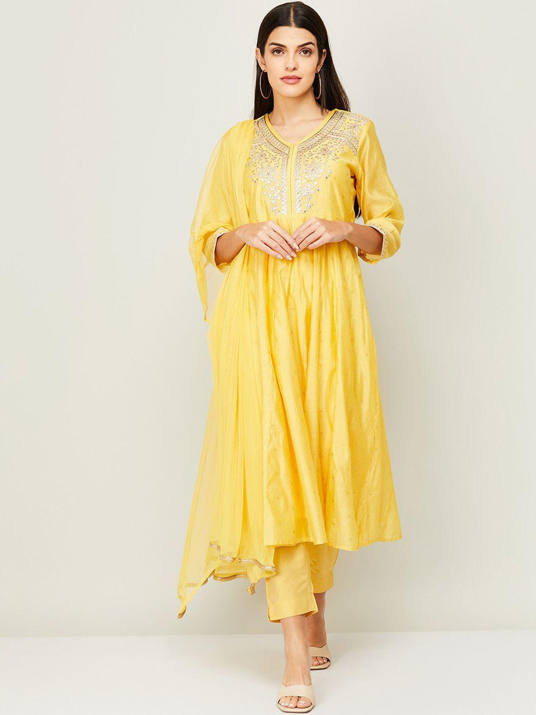 melange by lifestyle women yellow floral embroidered gotta patti kurta with trousers & with dupatta
