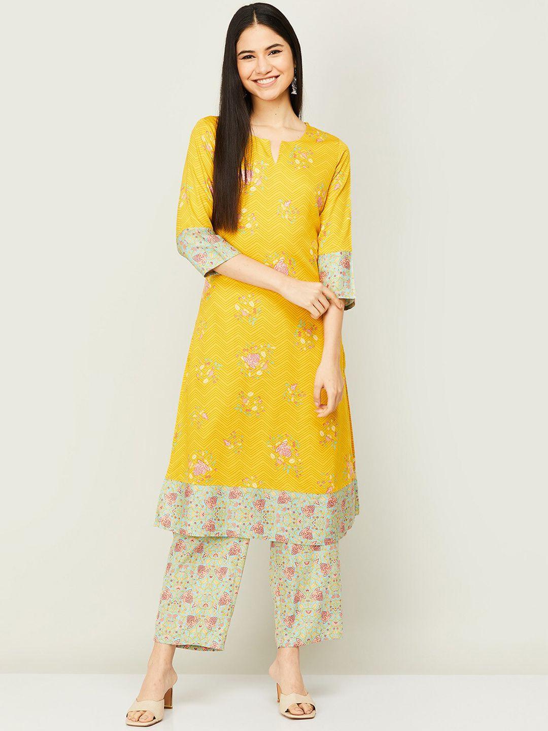 melange by lifestyle women yellow floral printed kurta with palazzos