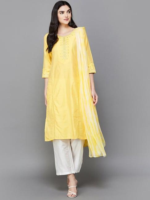 melange by lifestyle yellow & white embroidered kurta pant set with dupatta