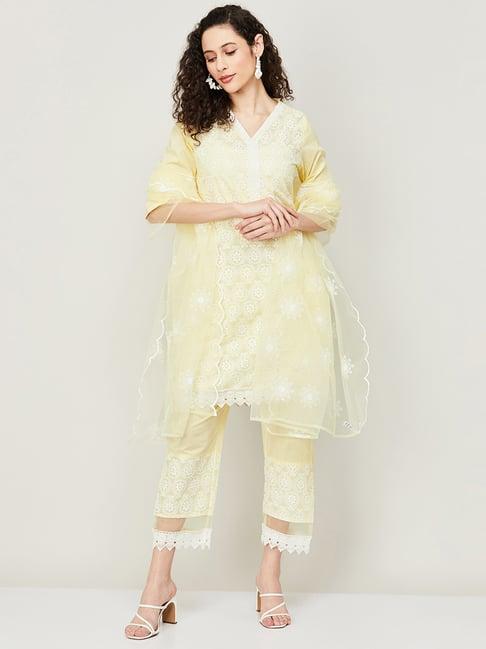 melange by lifestyle yellow cotton embroidered kurta pant set with dupatta