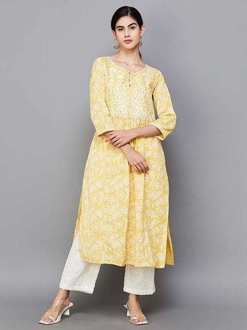 melange by lifestyle yellow cotton floral print straight kurta