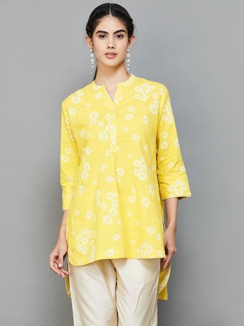 melange by lifestyle yellow cotton printed tunic