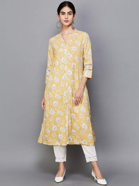 melange by lifestyle yellow printed a line kurta