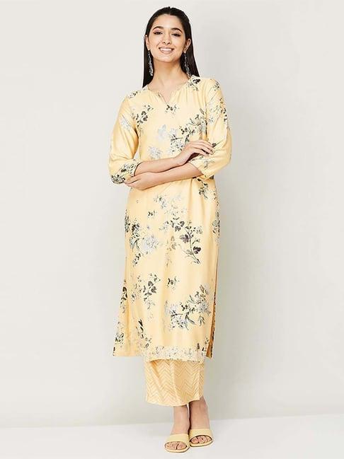 melange by lifestyle yellow printed kurta pant set