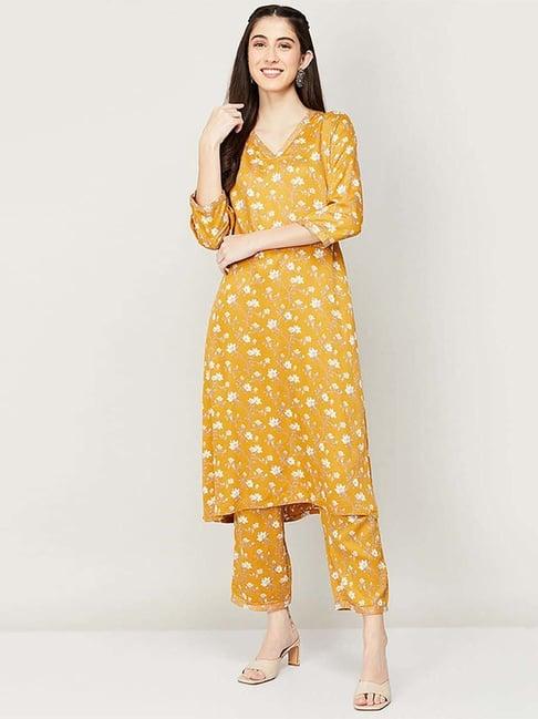 melange by lifestyle yellow printed kurta pant set