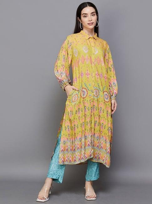 melange by lifestyle yellow printed straight kurta