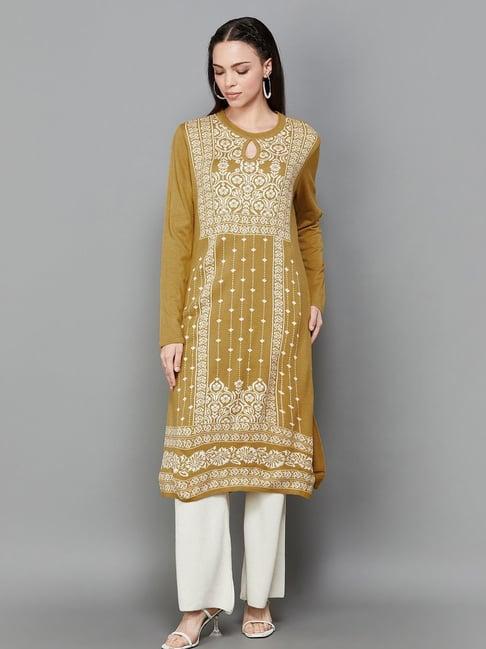 melange by lifestyle yellow printed straight kurta