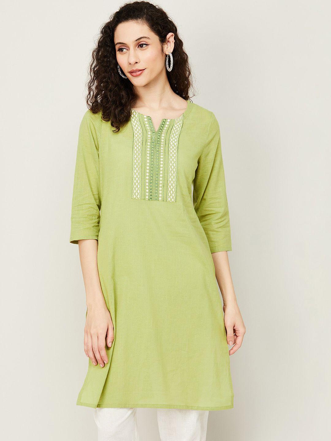 melange by lifestyle yoke design notched neck thread work pure cotton kurta