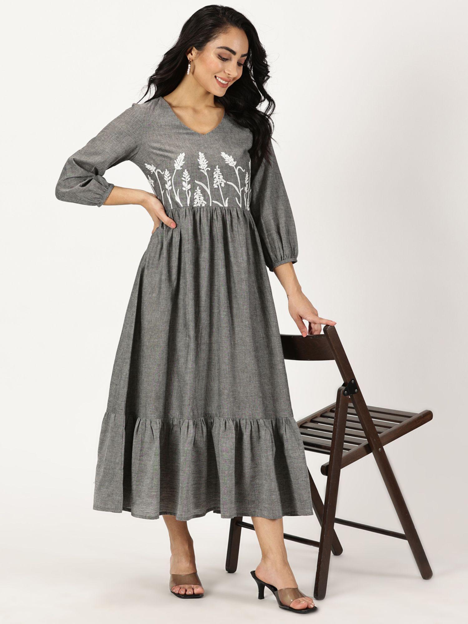 melange grey boho midi dress with yoke embroidery