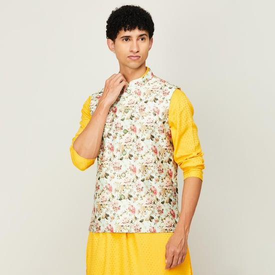 melange men floral printed sleeveless nehru jacket