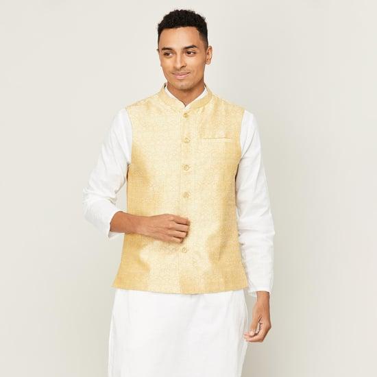 melange men printed band-collared nehru jacket