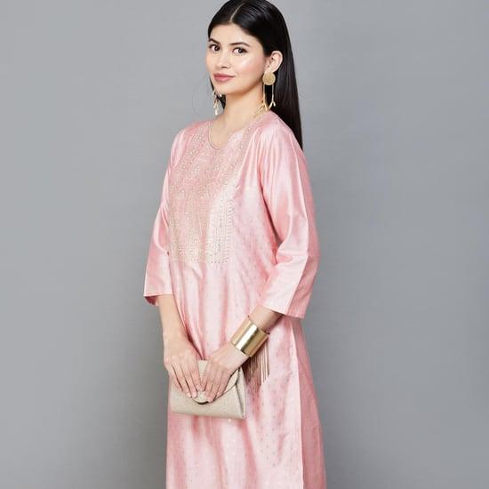 melange women embroidered straight kurta set