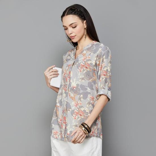 melange women floral printed band-collared shirt