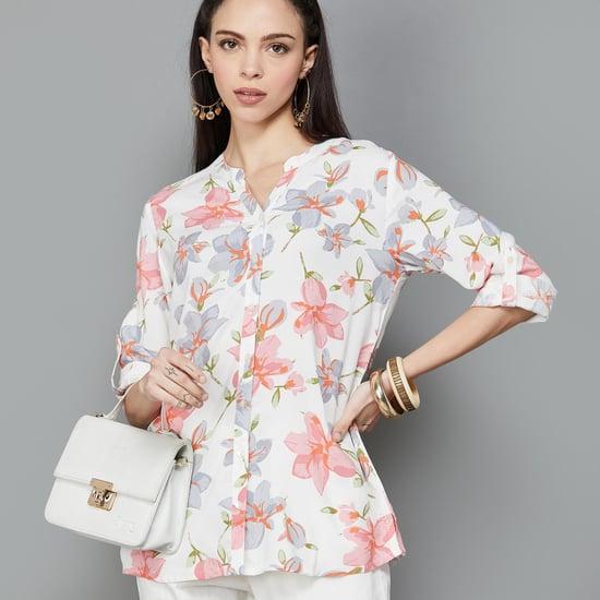 melange women floral printed band-collared shirt