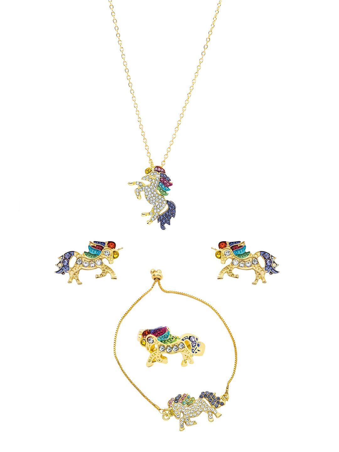 melbees by yellow chimes stone studded unicorn pendant set with ring and bracelet