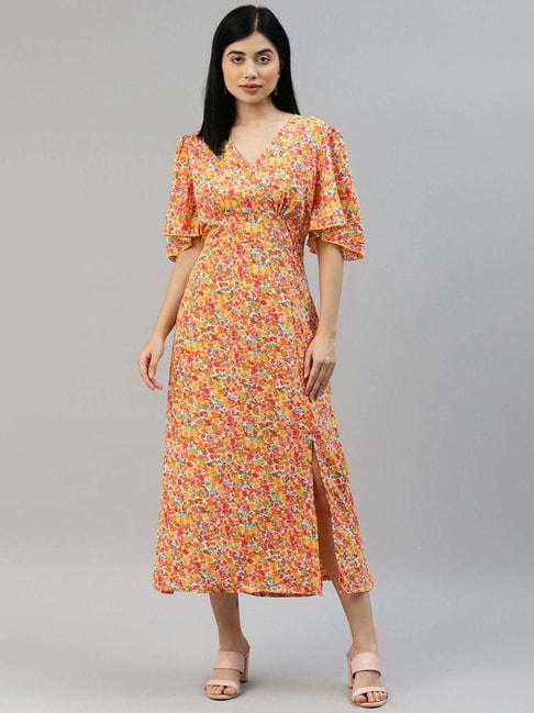 melon by pluss yellow & pink floral printed a-line dress