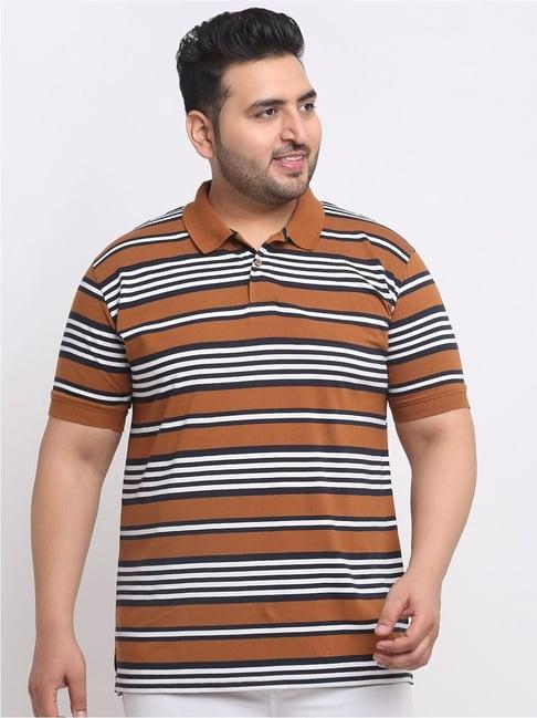 melon by pluss brown cotton regular fit striped plus size polo t-shirt